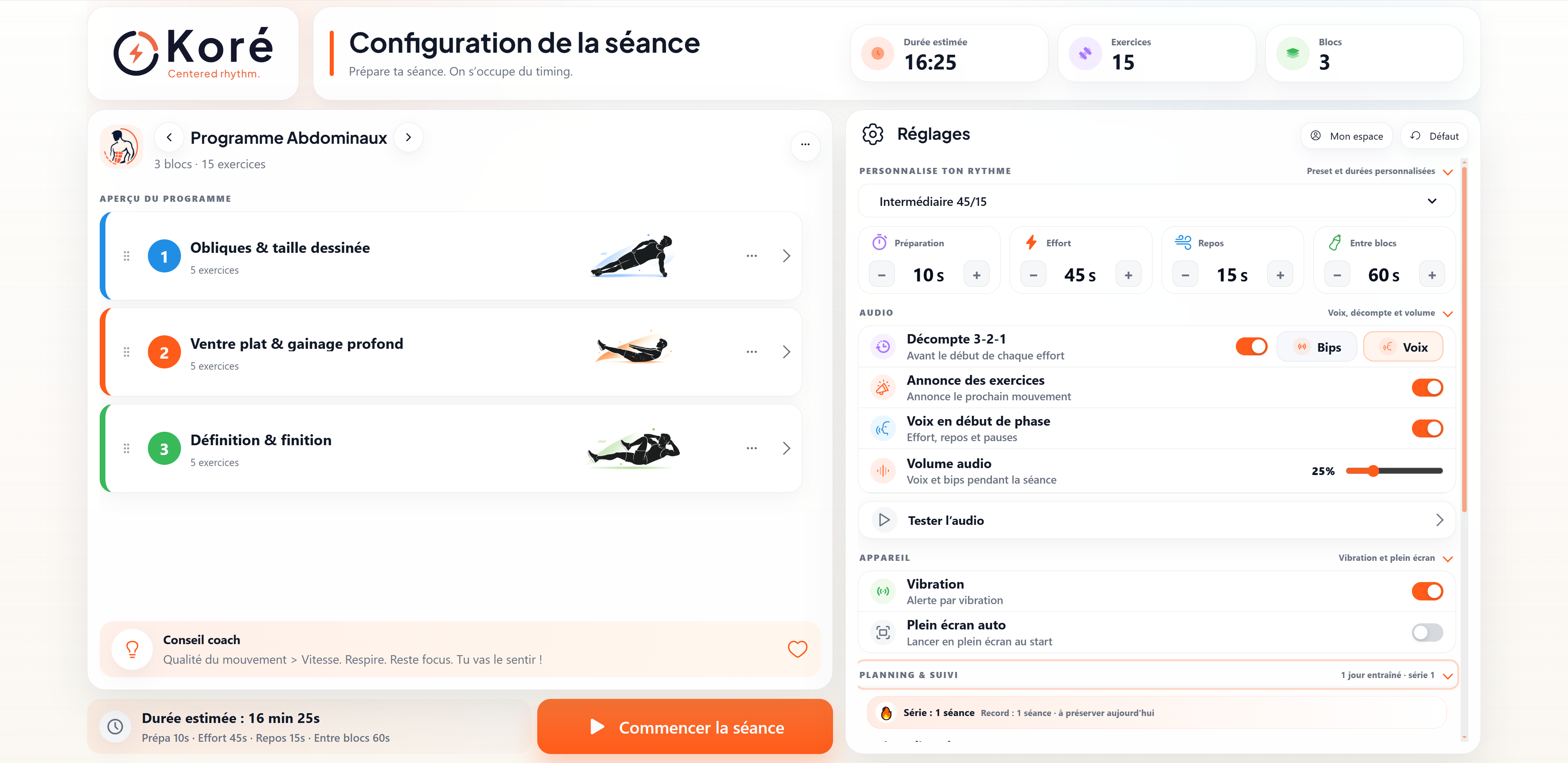 Écran de configuration de Koré avec les trois blocs du programme, les durées, les réglages audio et le suivi