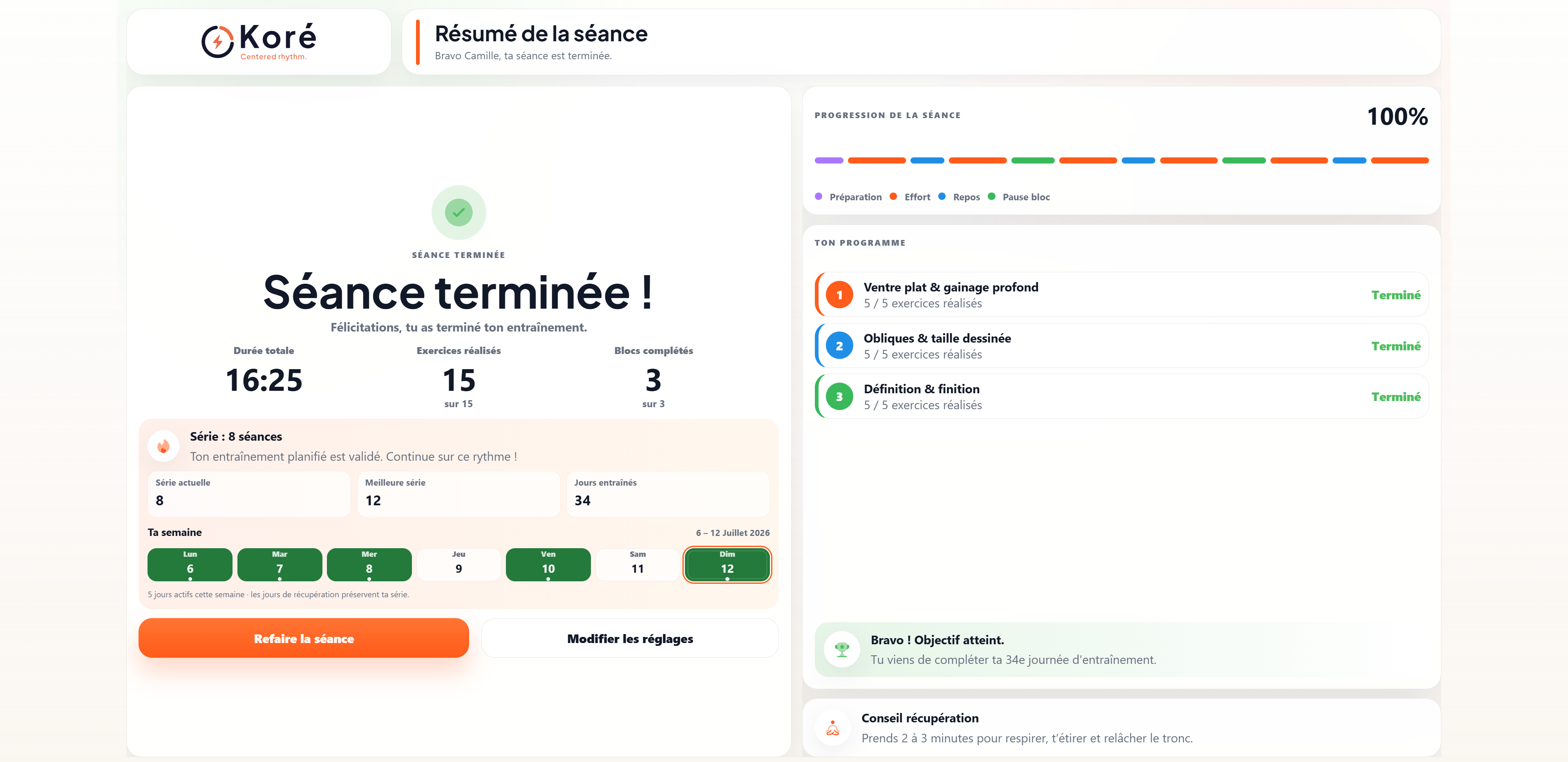 Résumé de fin de séance Koré avec la durée, les exercices réalisés, les blocs complétés et la régularité