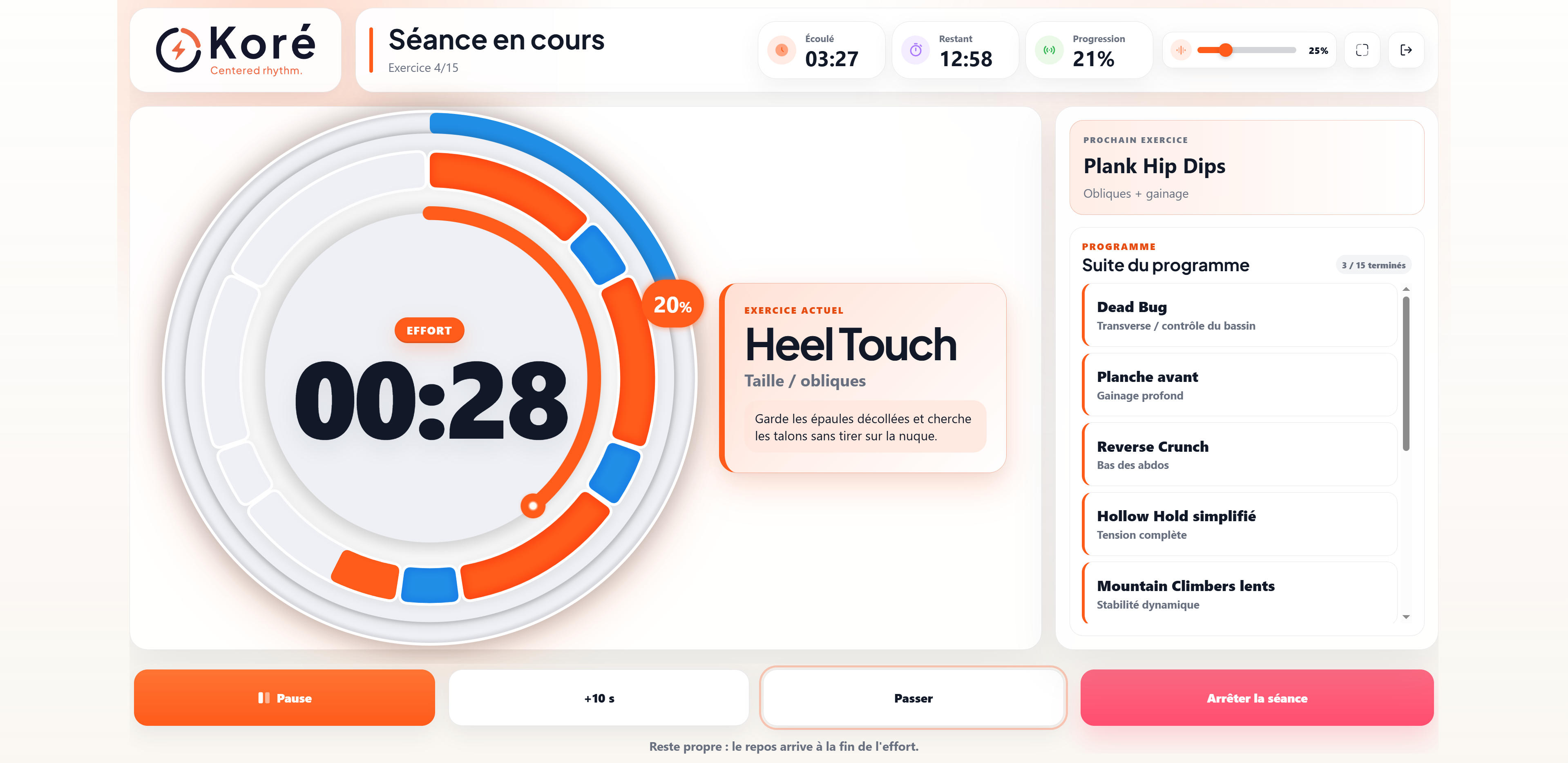 Écran de séance de Koré avec le cadran polaire, l’exercice actuel et la suite du programme